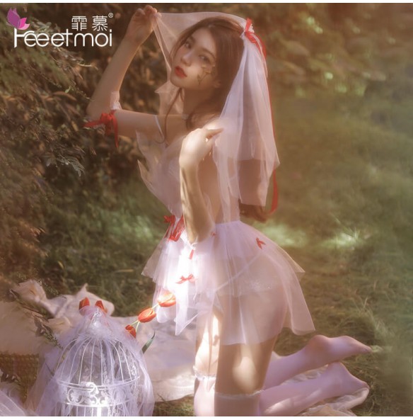 FEE ET MOI Sexy Bow Seethrough Mesh Wedding Dress (White)